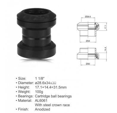 Kormánycsapágy ACO-HS04 A-HEAD menetes ALU. (1 1/8"; d:28,6mm/34/30mm), FEKETE - AUTHOR 23950051_AKCS