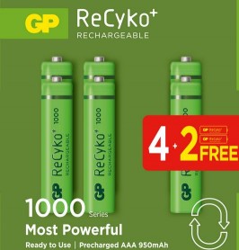 elem GP RECYKO AAA 1000mAh tölthető akku Ni-Mh 4 plusz 2 db-os papírdobozos GP100AAAHCE4/2-2EB6_TEL