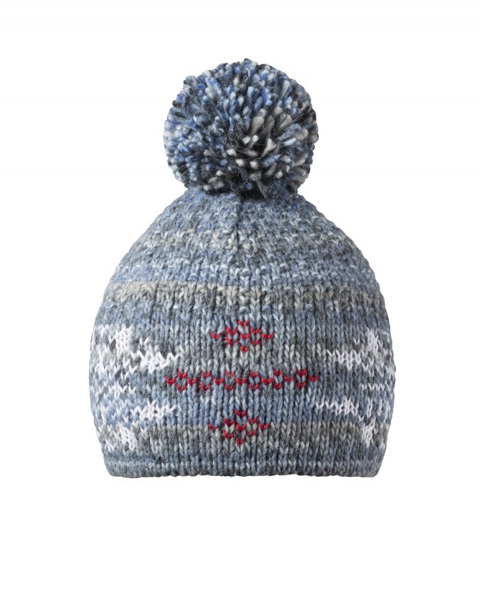Téli kötött bojtos sapka gyapjúkeverékkel és belső polár fejpánttal FELNŐTT MÉRET, Relax TEIDE kék, fehér, piros (RKH233B) RKH233B_RSK