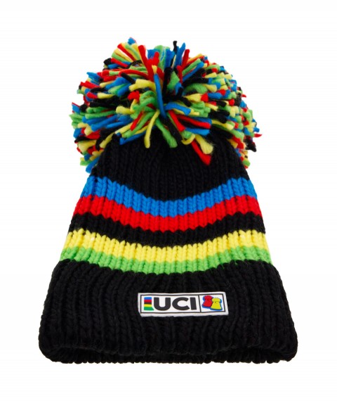 Sapka Santini UCI Rainbow Stripes BIG BOBBLE téli fekete bojtos (BBH103) UM480BBHUCINERO_RSK